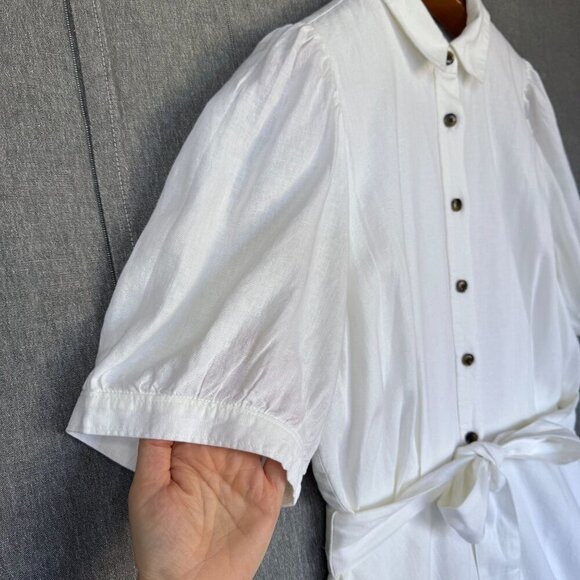 Ann Taylor ivory Linen Blend Short Puff Sleeve Button Front Midi Dress Size 16 - Picture 6 of 17